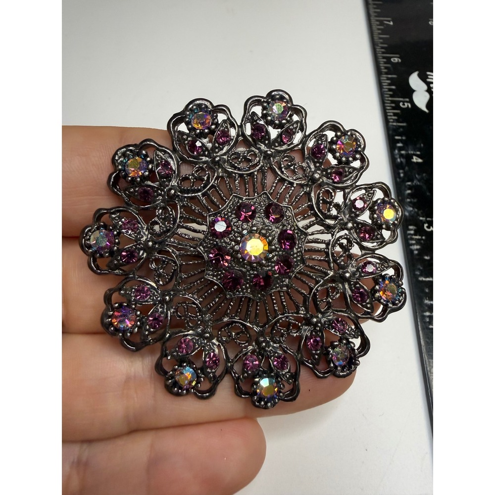 Gunmetal Filigree Purple AB Rhinestone Round Mandala Brooch Pin 2.5"